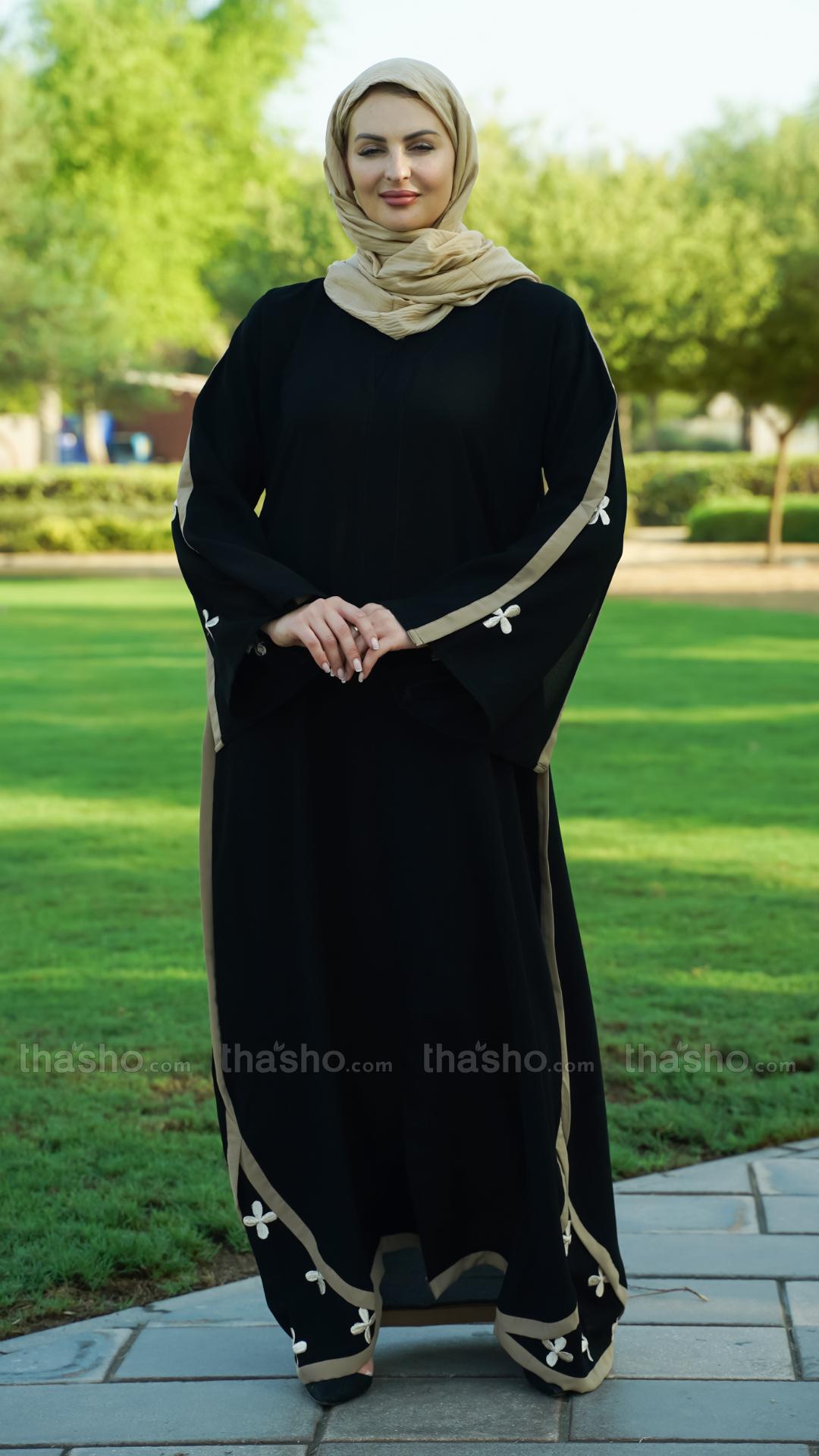 Black Abaya with Beige Band work and Floral Embroidery