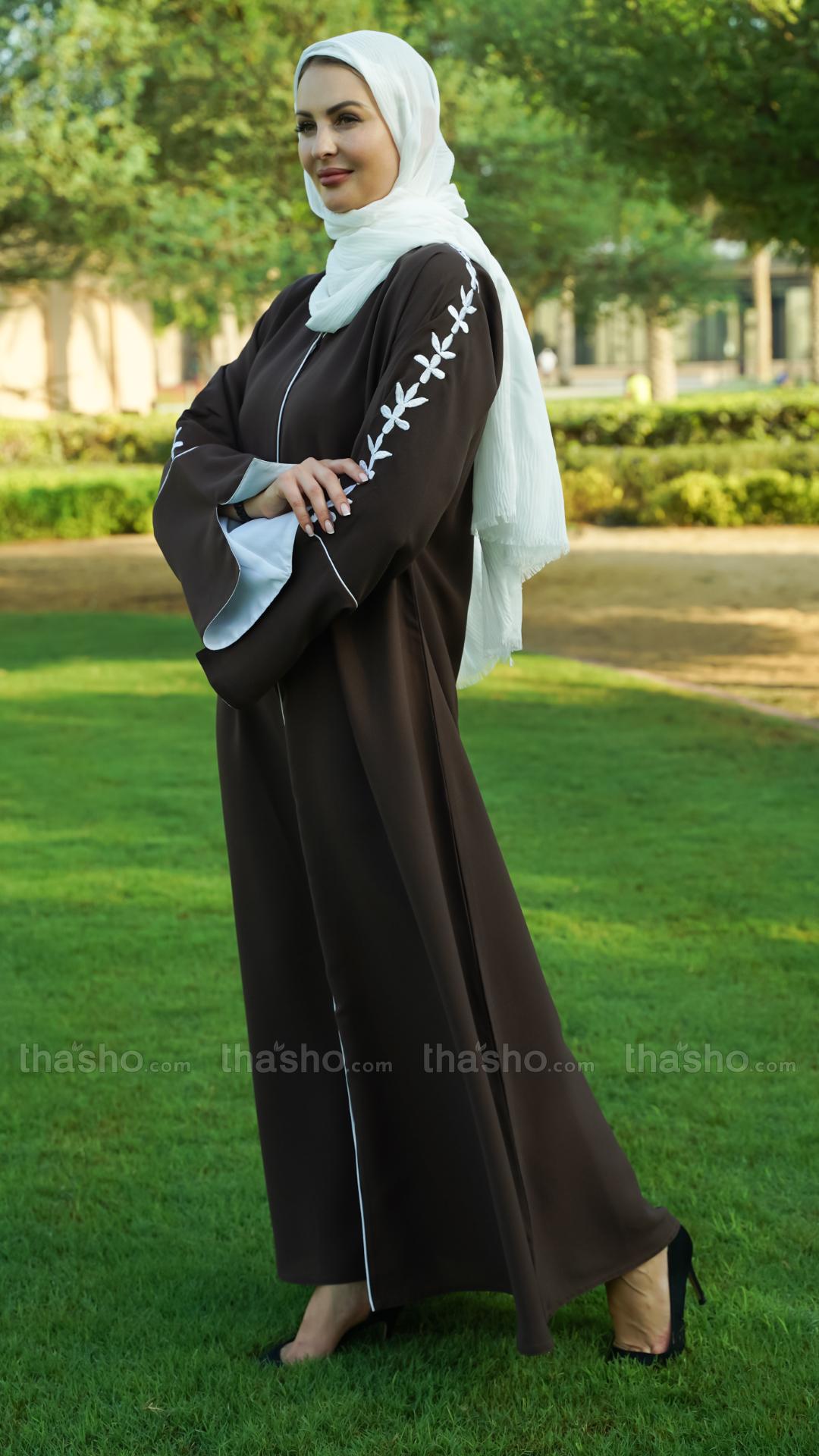  Dark Coffee Abaya with Embroidery Work on the Sleeves and Piping