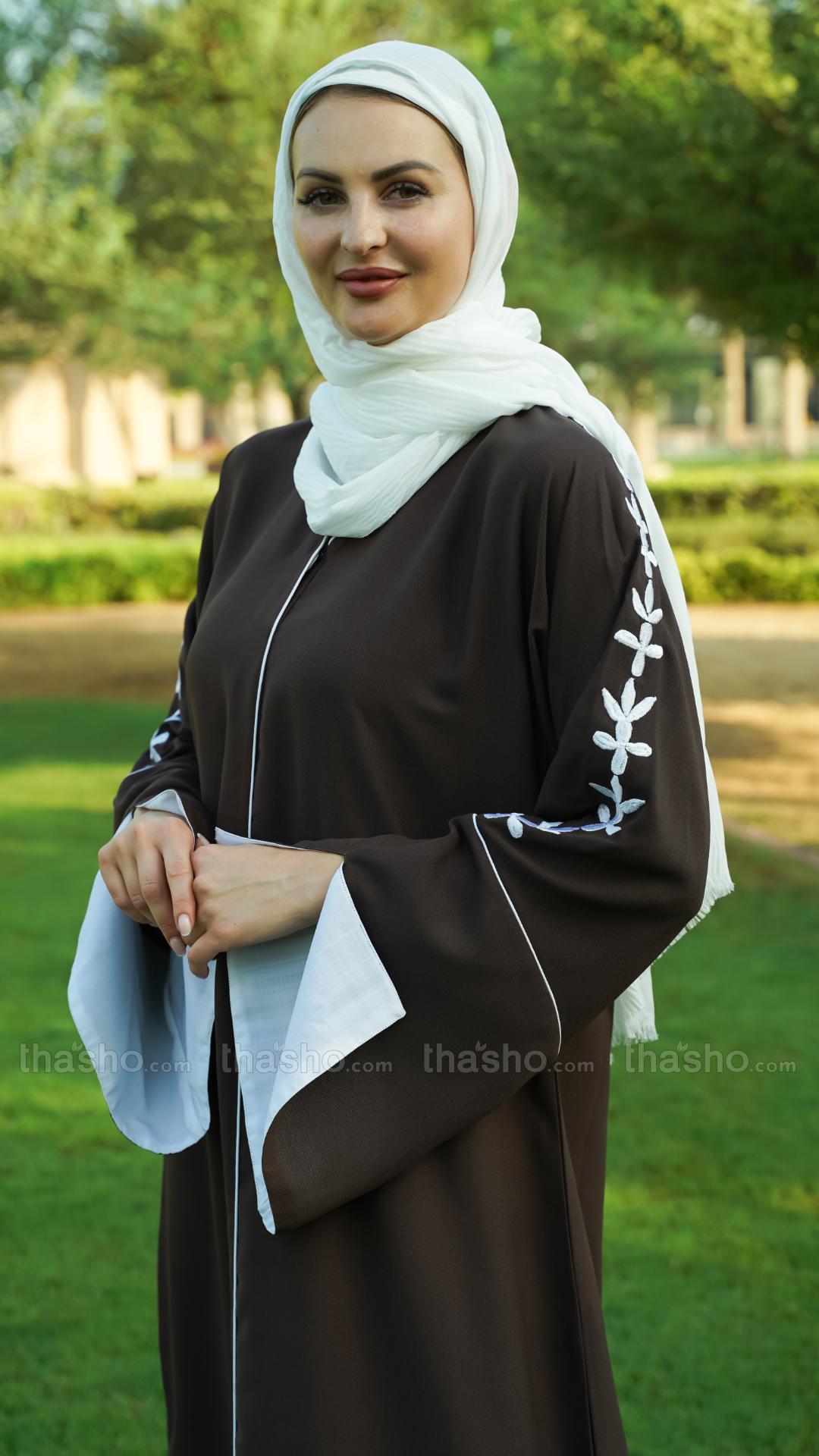  Dark Coffee Abaya with Embroidery Work on the Sleeves and Piping