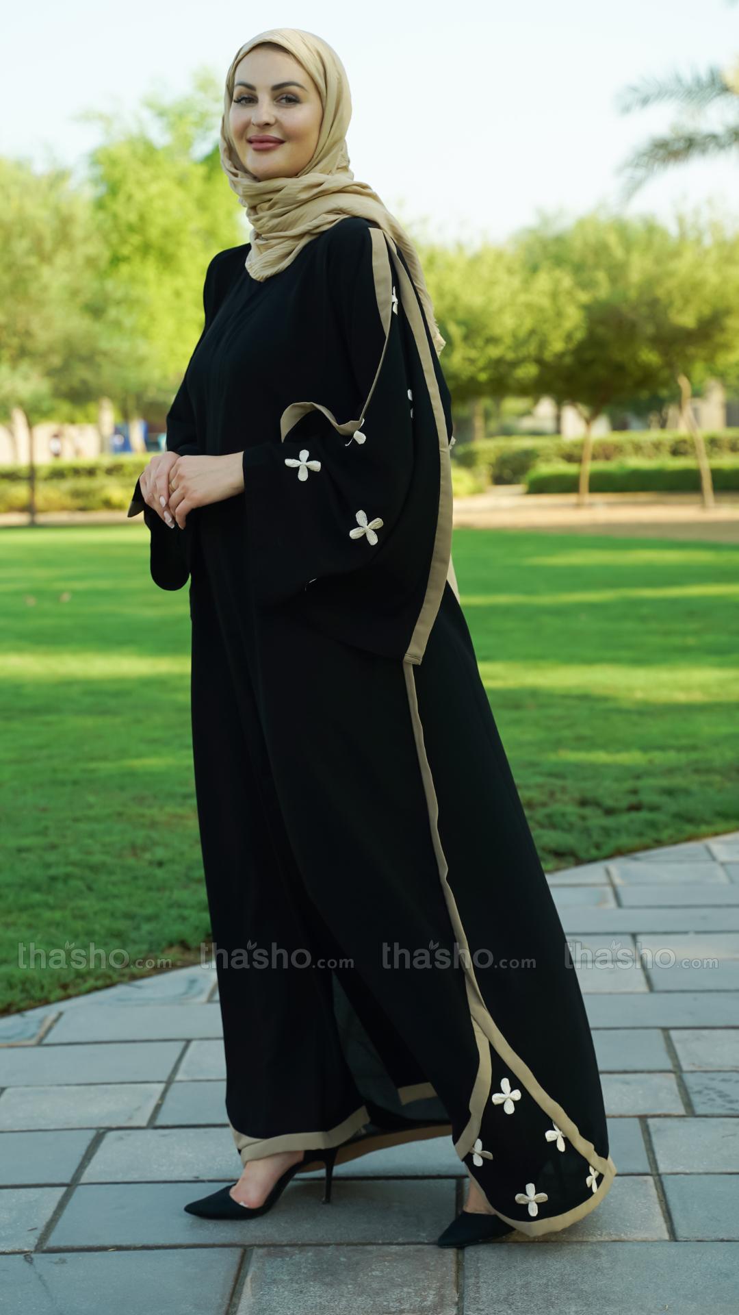 Black Abaya with Beige Band work and Floral Embroidery