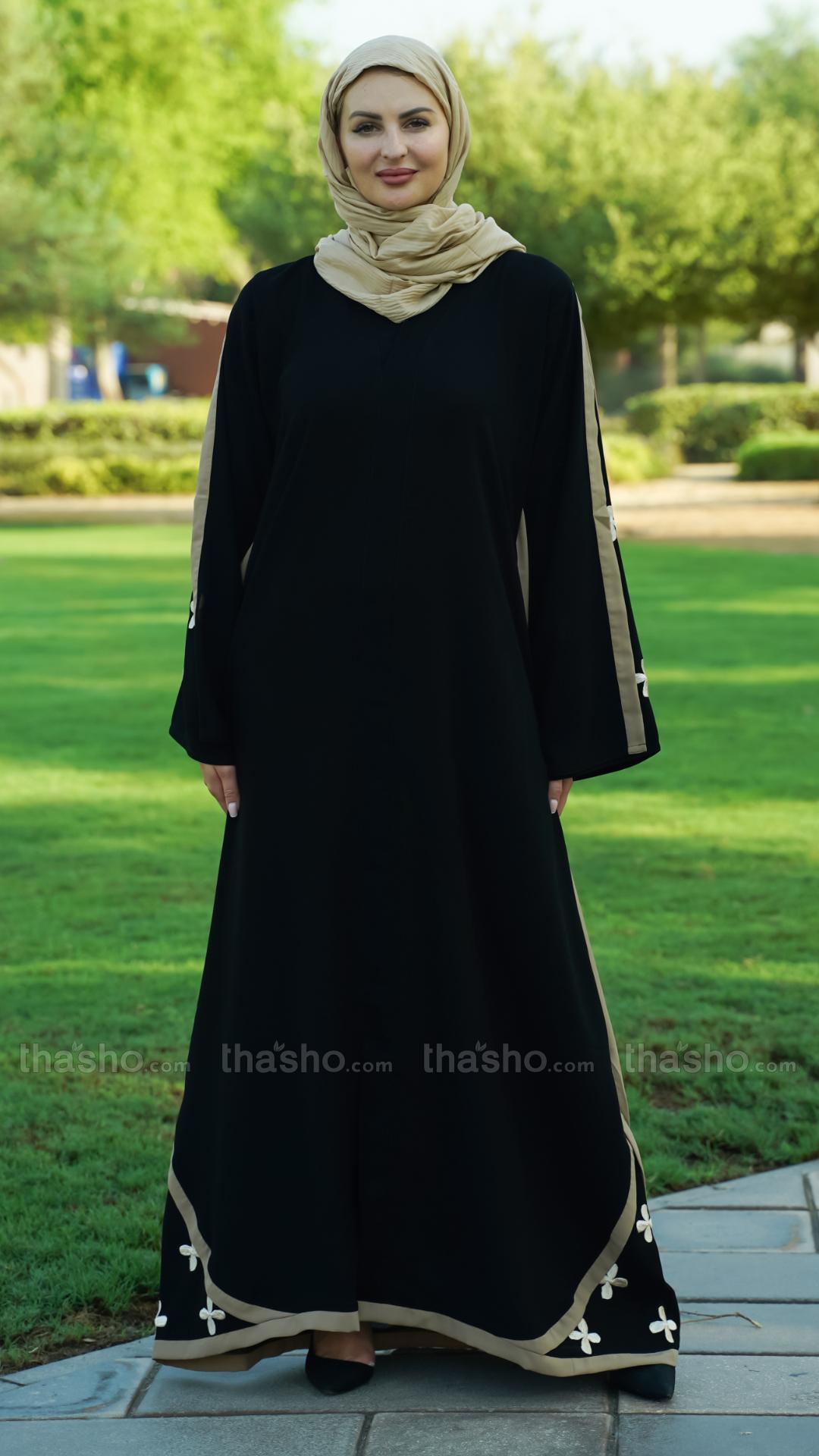 Black Abaya with Beige Band work and Floral Embroidery