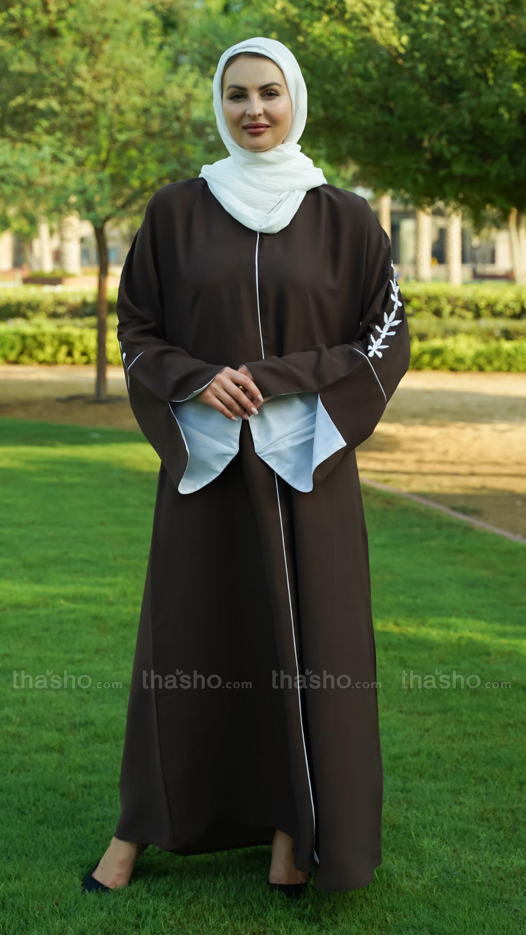  Dark Coffee Abaya with Embroidery Work on the Sleeves and Piping