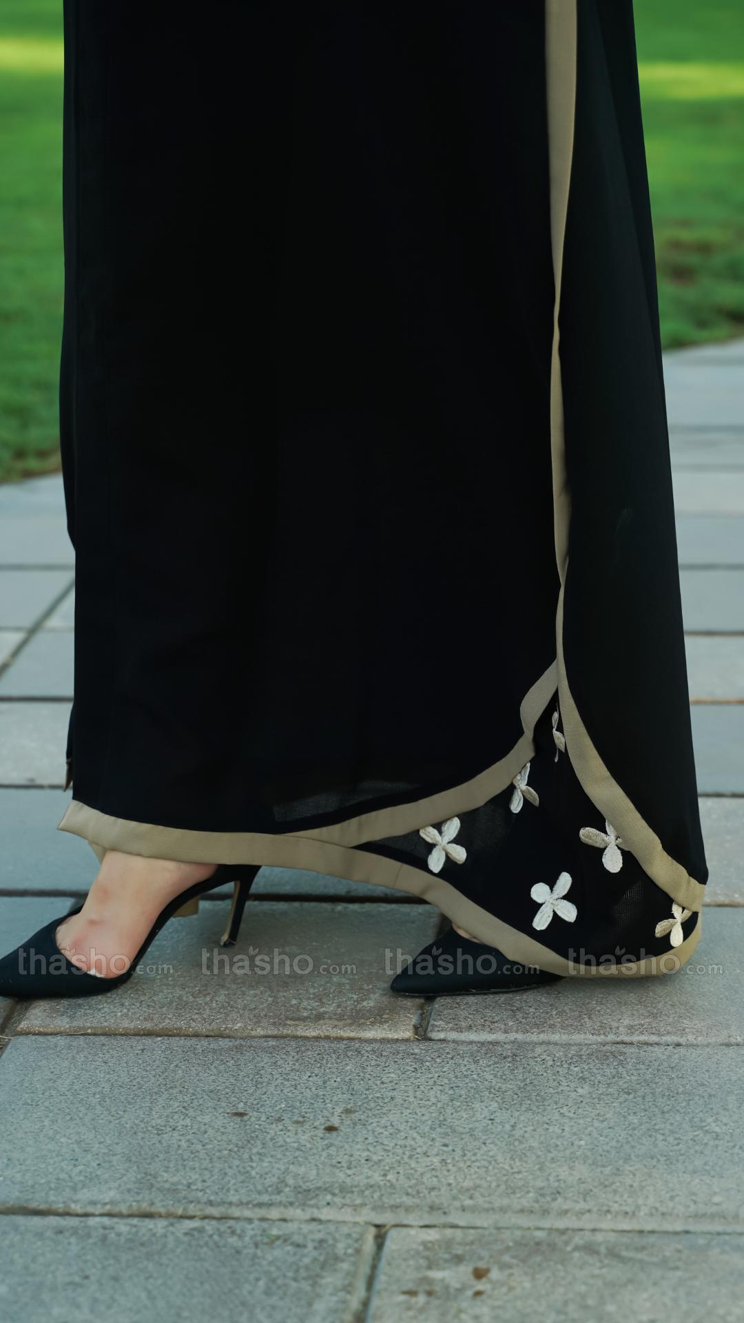 Black Abaya with Beige Band work and Floral Embroidery