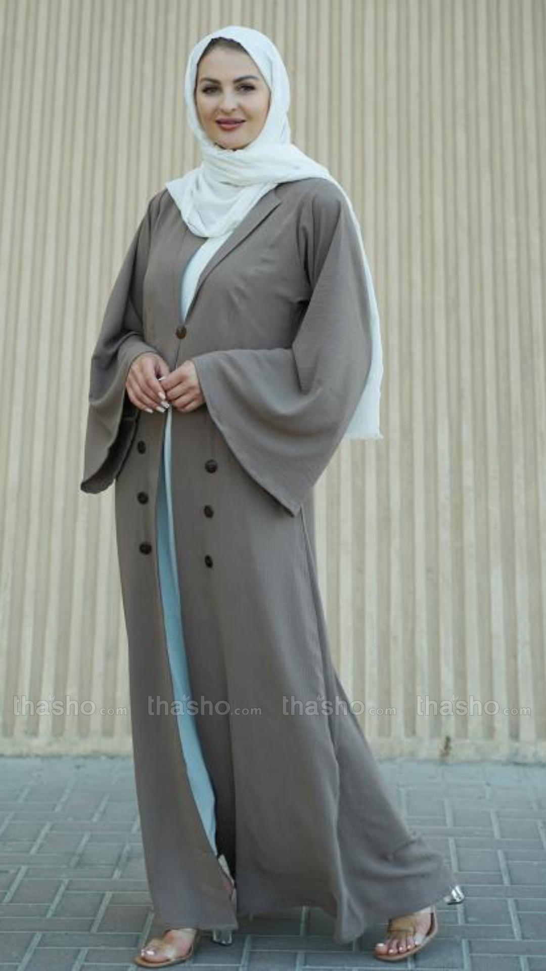 Brown and Off White CEY Modest Dress with a Trench Coat and Show Buttons on the Front
