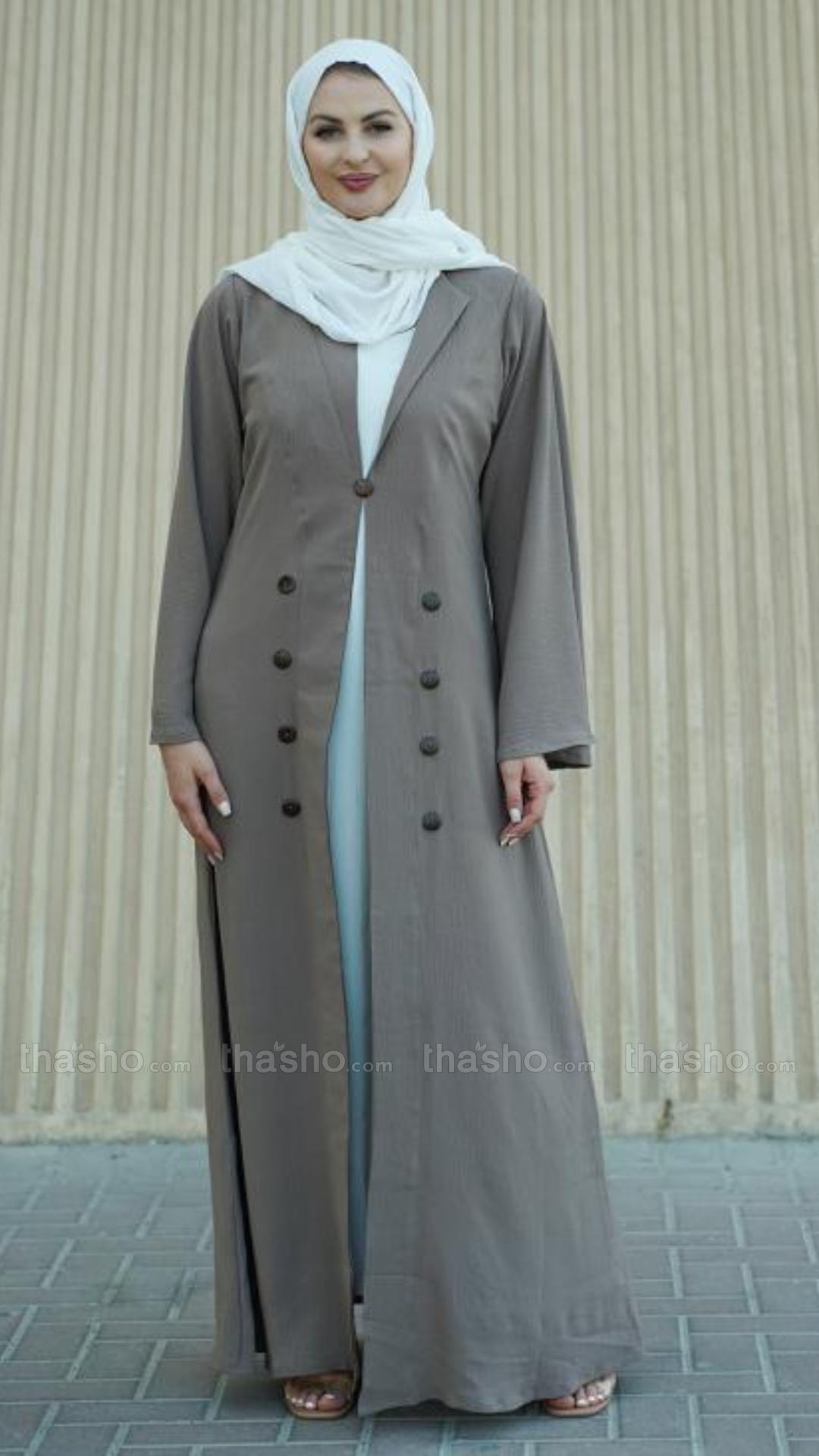 Brown and Off White CEY Modest Dress with a Trench Coat and Show Buttons on the Front