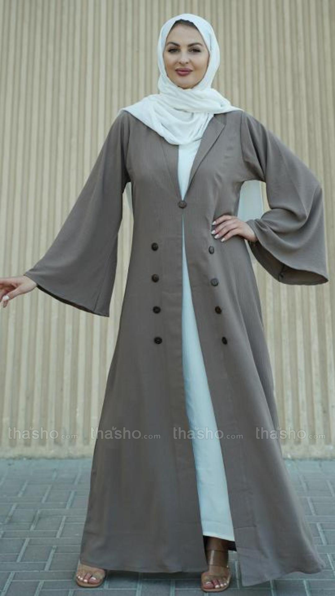 Brown and Off White CEY Modest Dress with a Trench Coat and Show Buttons on the Front