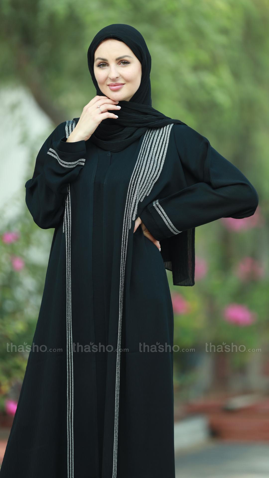 Black Abaya by Gulf Zoom with Dori Ribbon and Black Hand Work on Front and Sleeve