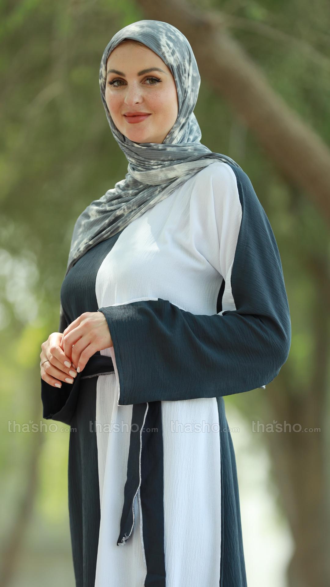 Dark Grey and Off White Modest Dress by CEY with Belt