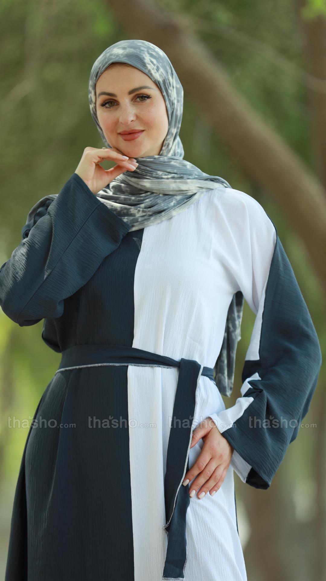 Dark Grey and Off White Modest Dress by CEY with Belt