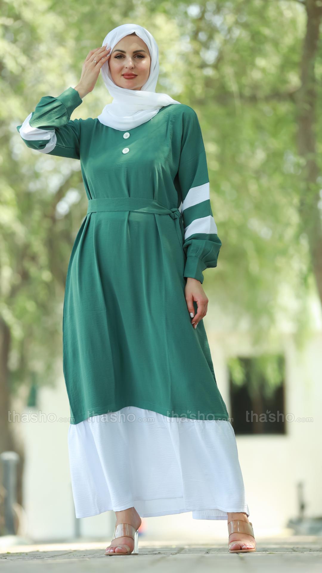 Teal and OffWhite Modest Dress with Show Buttons on the Front and a Belt 