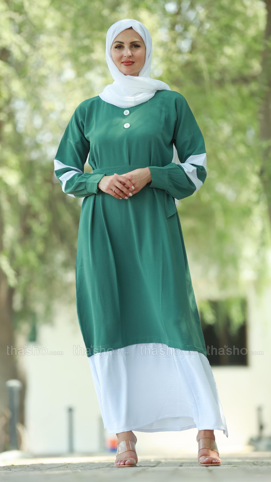 Teal and OffWhite Modest Dress with Show Buttons on the Front and a Belt 