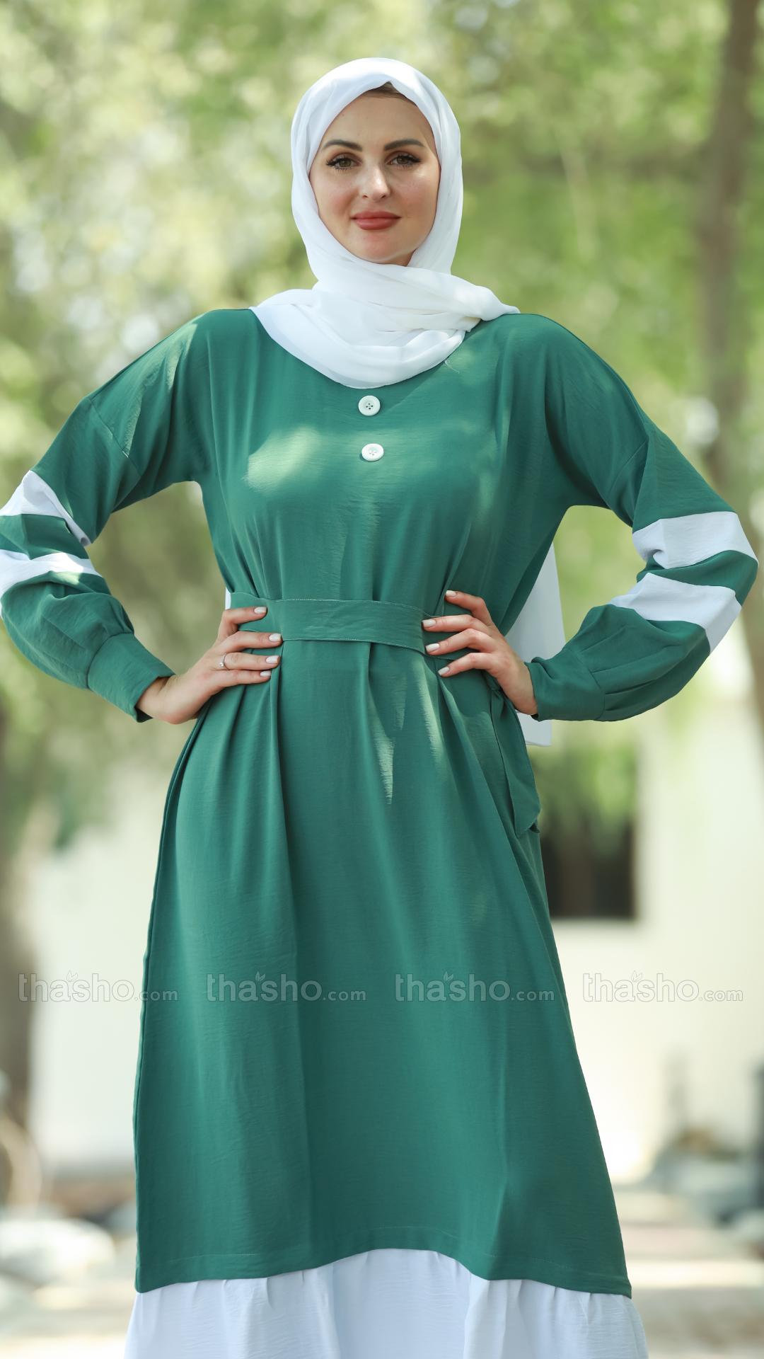 Teal and OffWhite Modest Dress with Show Buttons on the Front and a Belt 