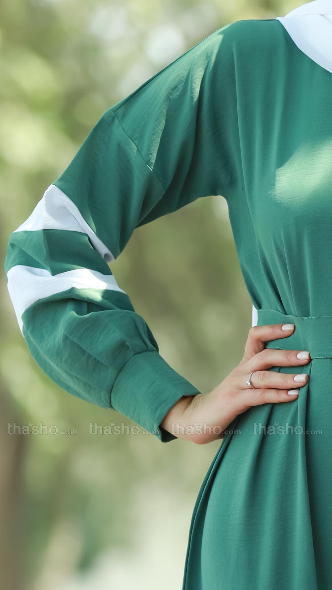 Teal and OffWhite Modest Dress with Show Buttons on the Front and a Belt 