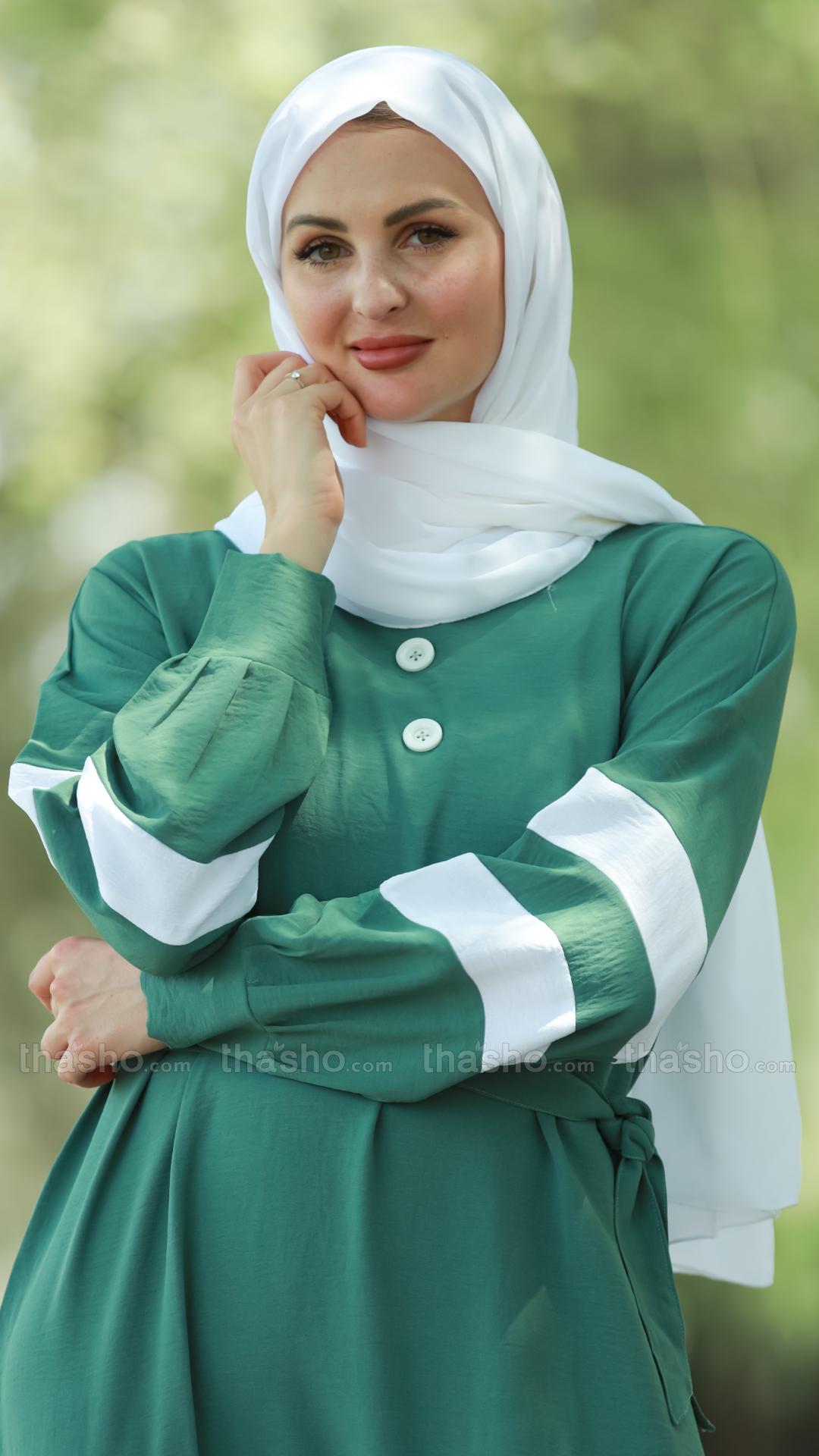 Teal and OffWhite Modest Dress with Show Buttons on the Front and a Belt 