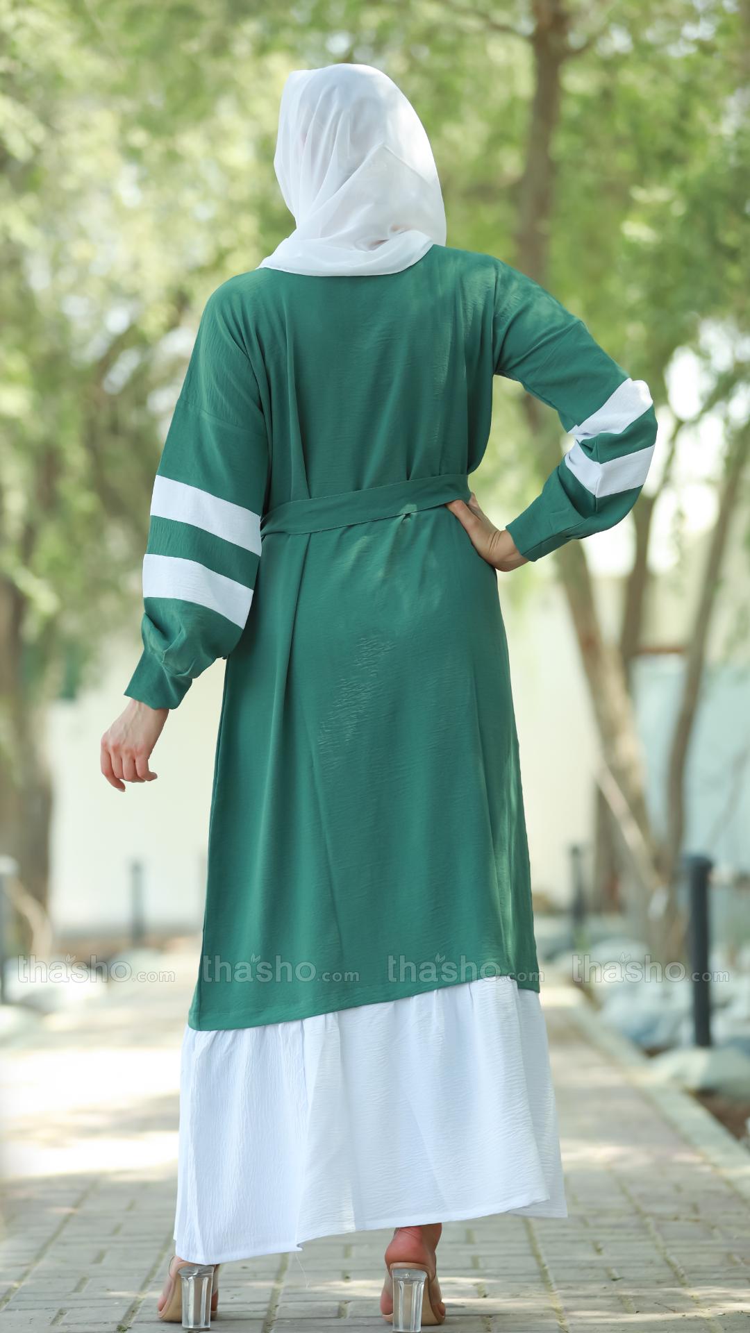 Teal and OffWhite Modest Dress with Show Buttons on the Front and a Belt 