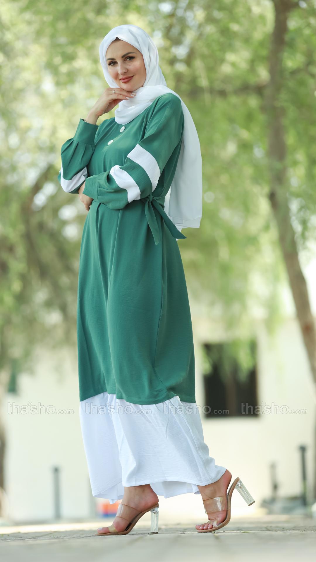 Teal and OffWhite Modest Dress with Show Buttons on the Front and a Belt 