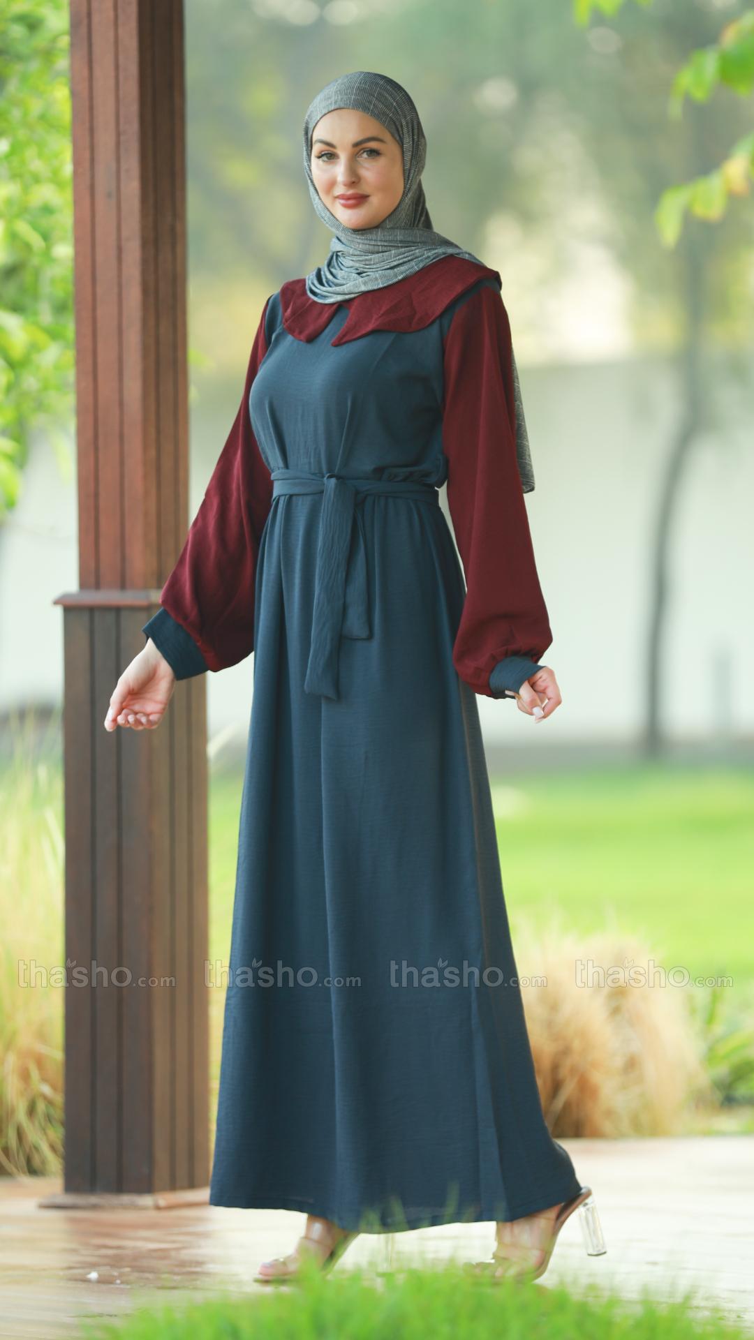 Maroon and Dark Grey CEY Modest Dress with a Belt 