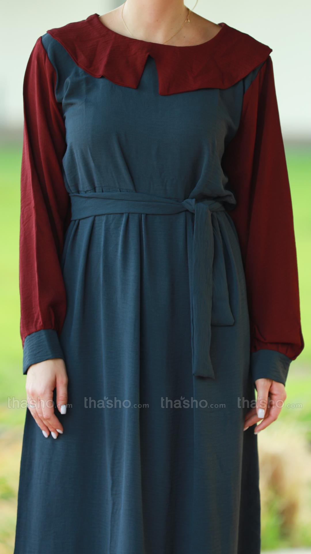 Maroon and Dark Grey CEY Modest Dress with a Belt 