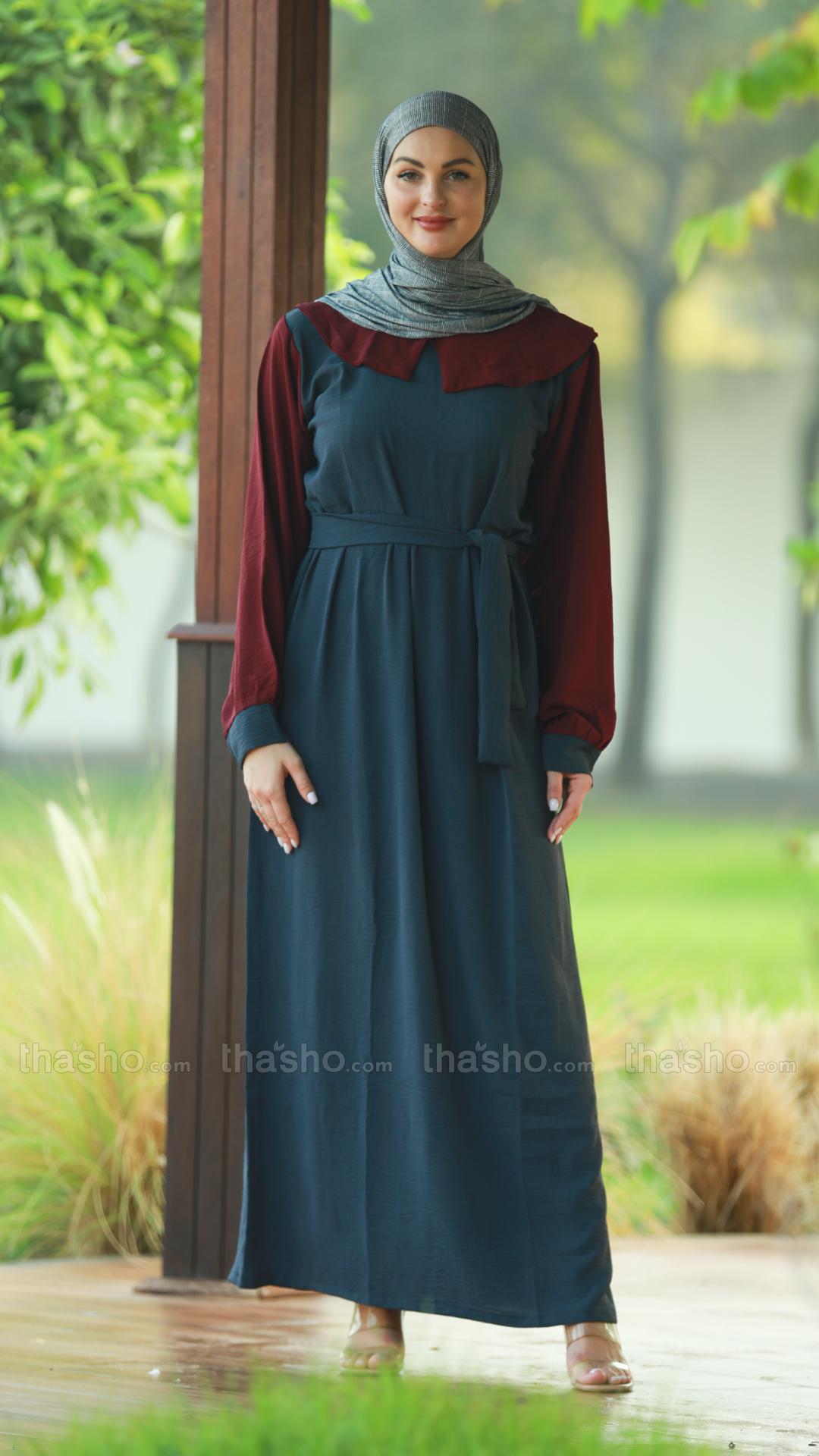 Maroon and Dark Grey CEY Modest Dress with a Belt 