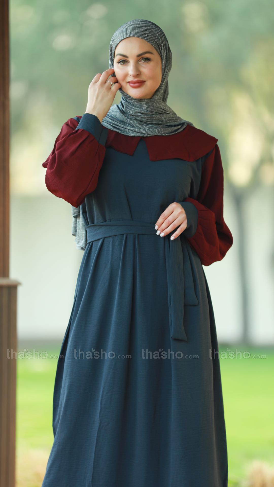 Maroon and Dark Grey CEY Modest Dress with a Belt 