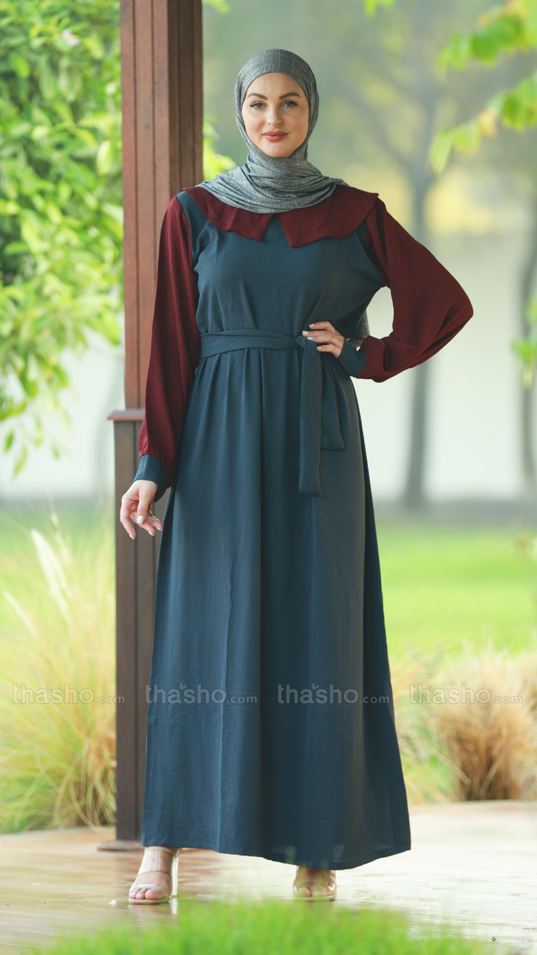 Maroon and Dark Grey CEY Modest Dress with a Belt 