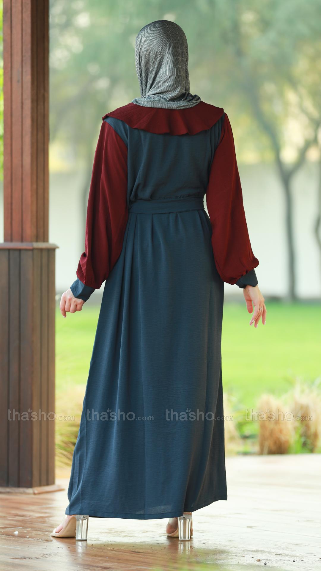 Maroon and Dark Grey CEY Modest Dress with a Belt 