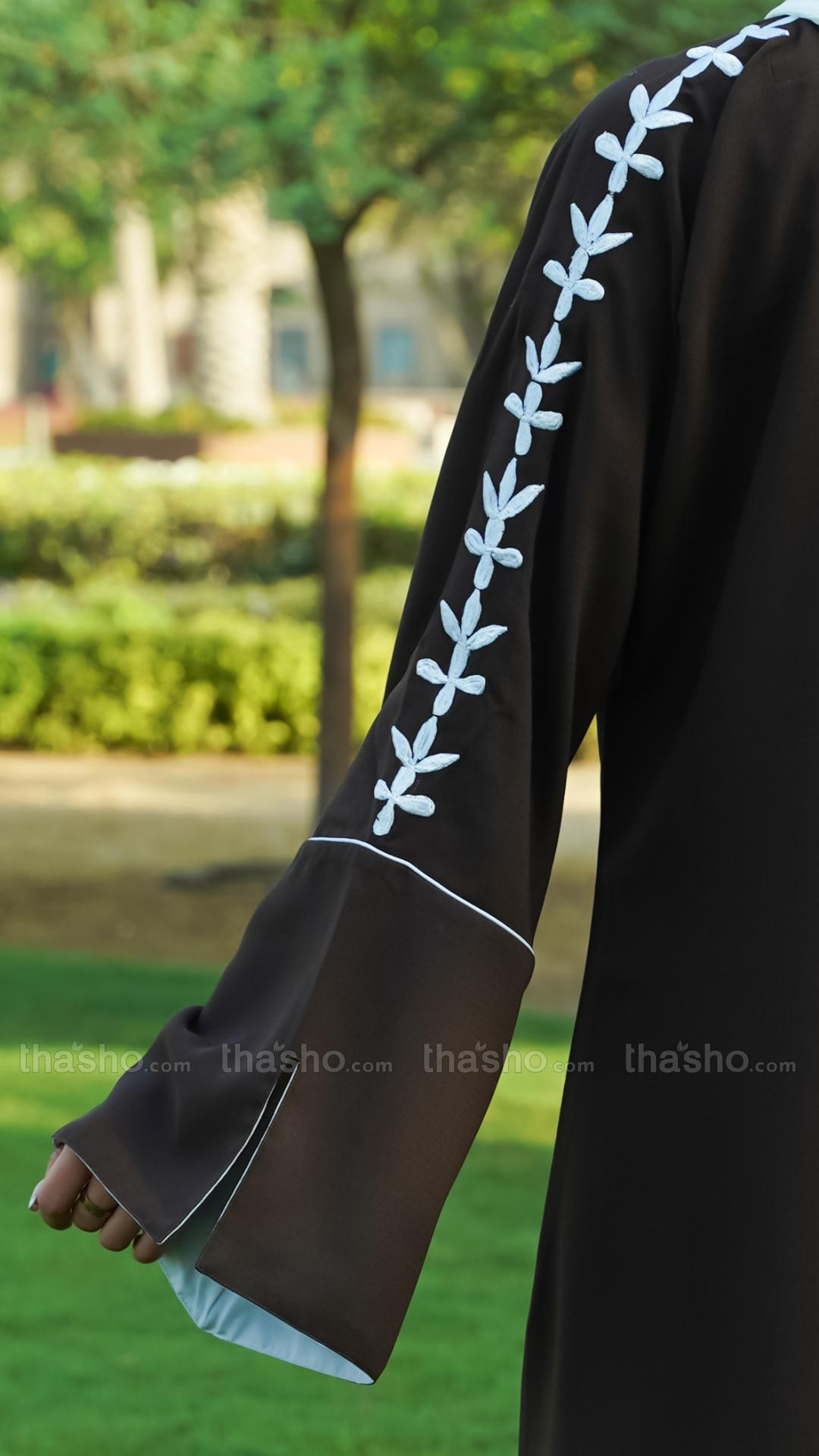  Dark Coffee Abaya with Embroidery Work on the Sleeves and Piping