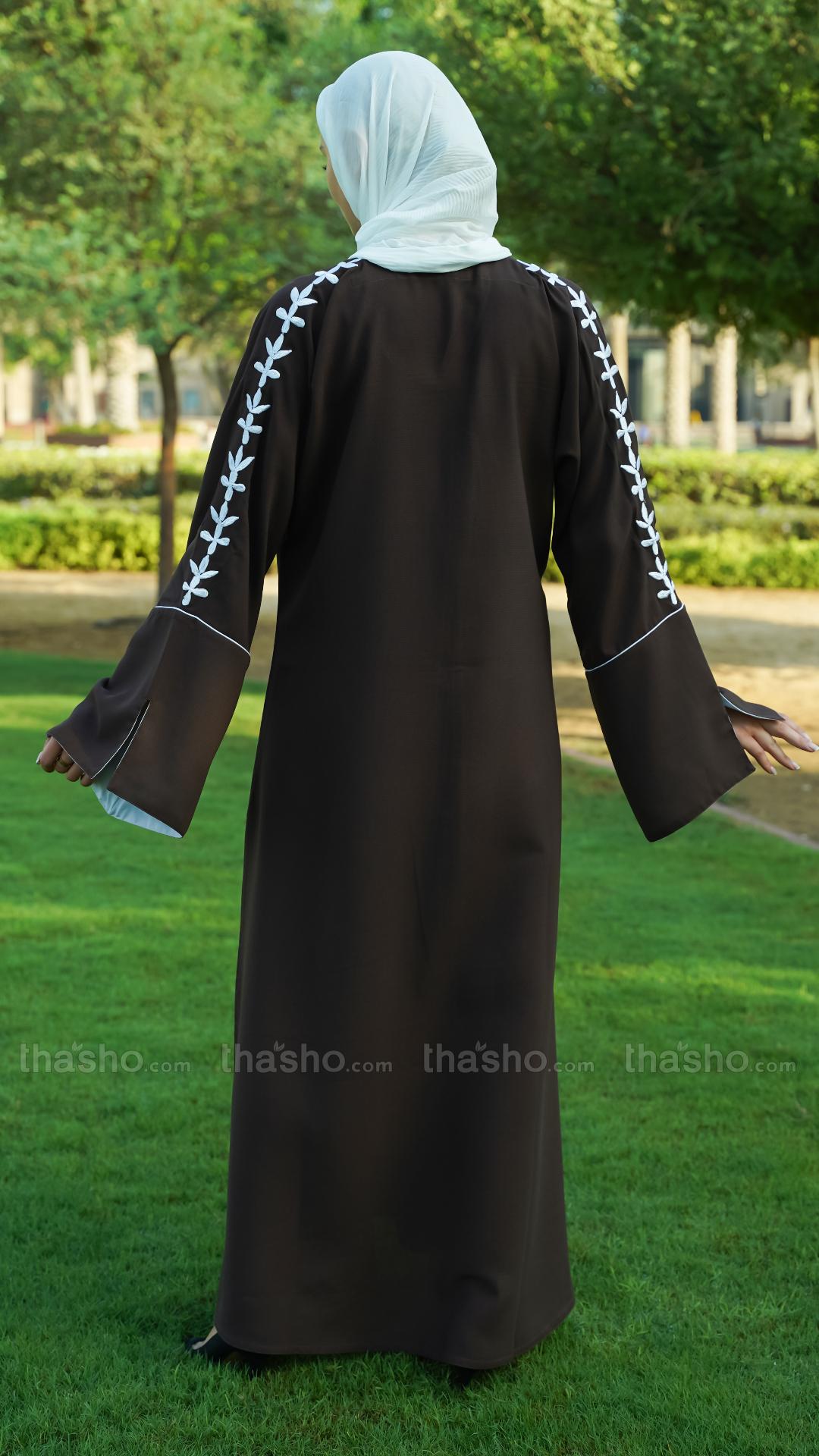  Dark Coffee Abaya with Embroidery Work on the Sleeves and Piping
