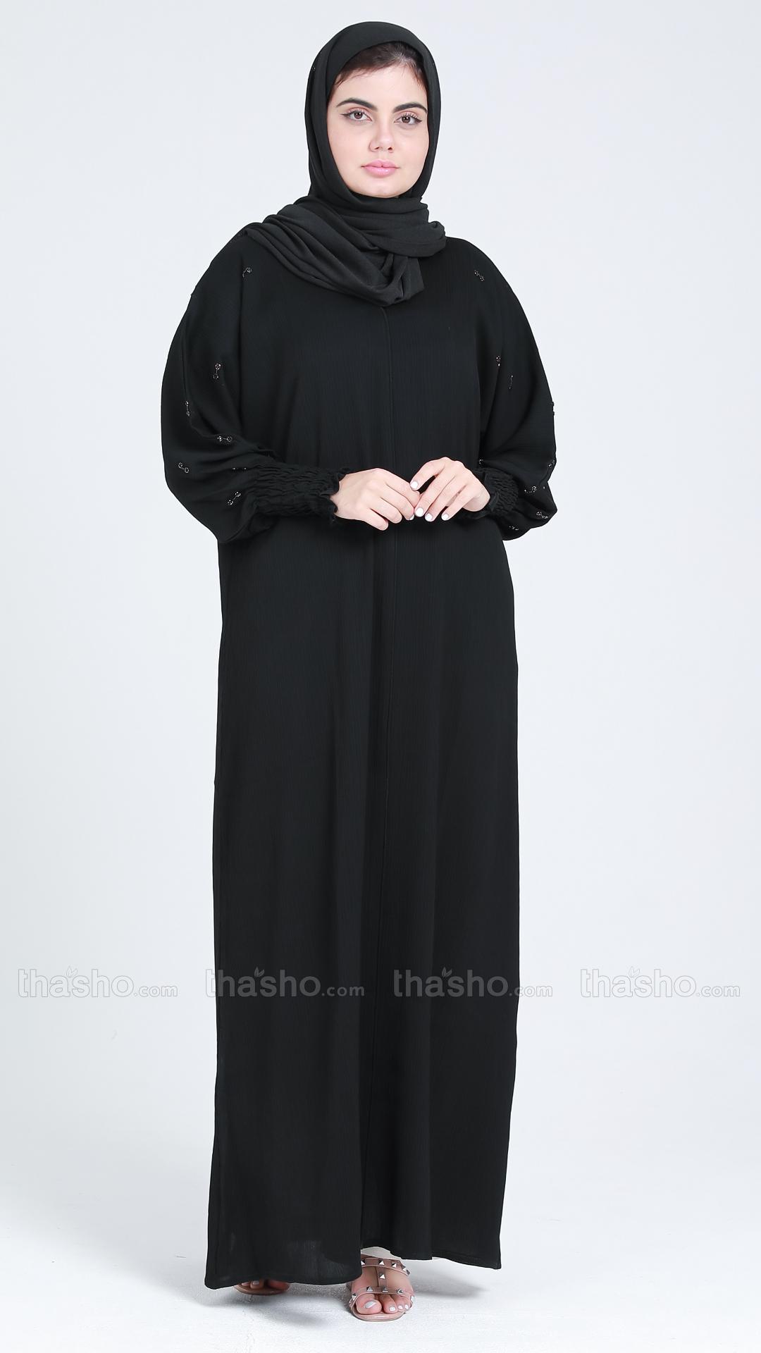 Black Abaya by Gulf Zoom with Handwork on Sleeve