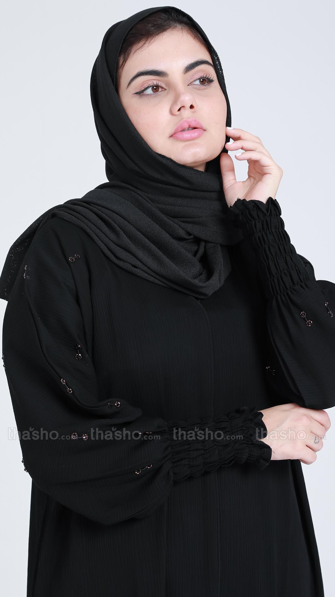 Black Abaya by Zoom with Handwork on Sleeve