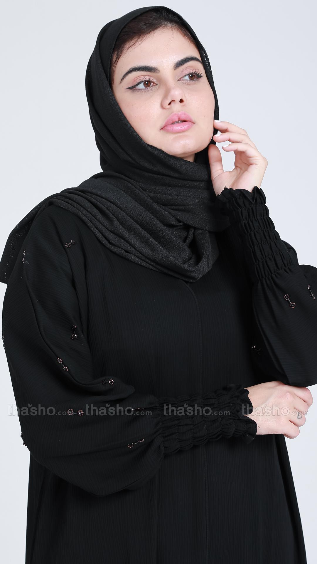 Black Abaya by Gulf Zoom with Handwork on Sleeve