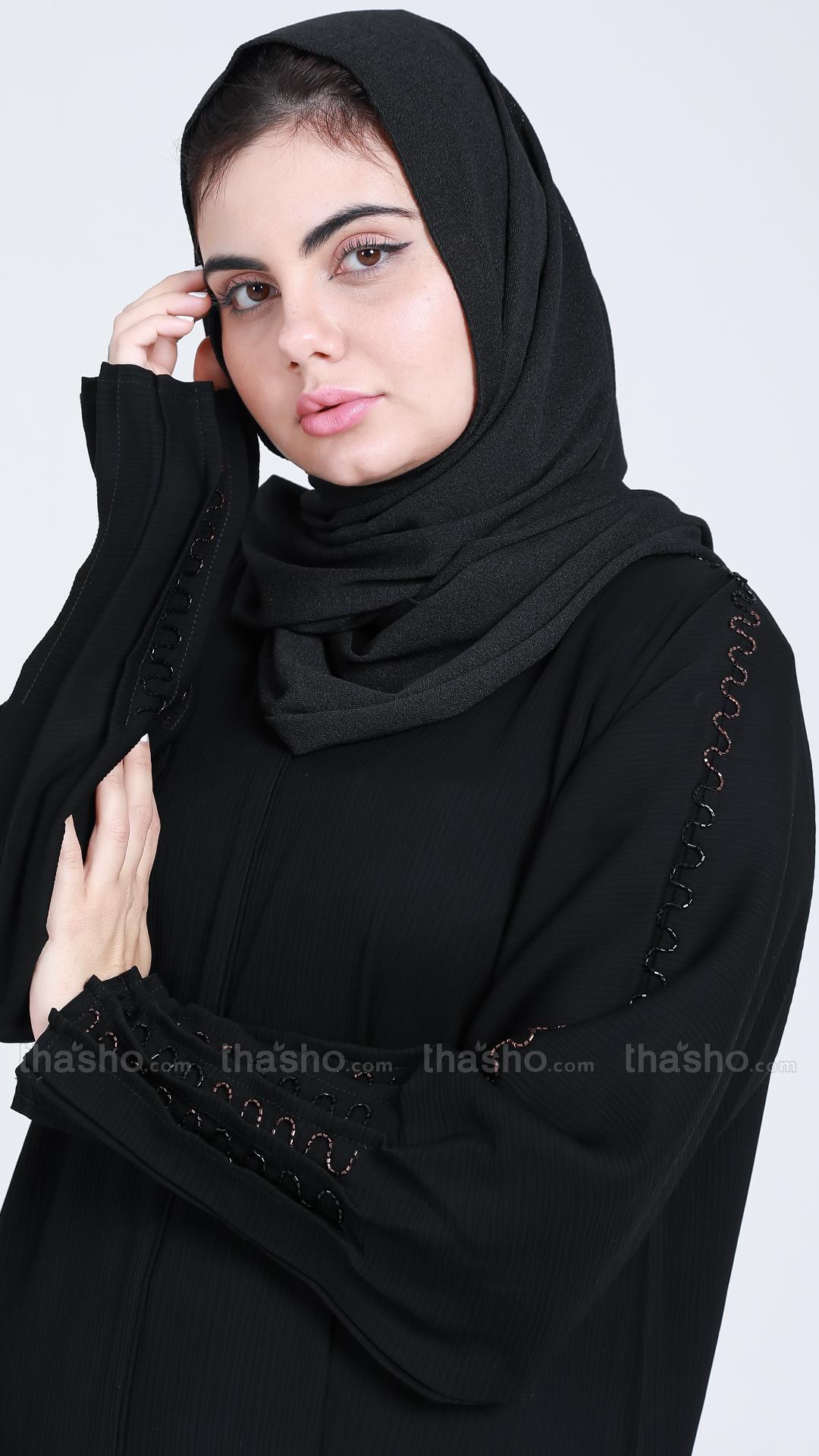 Black Abaya by Gulf Zoom with Handwork on Sleeve