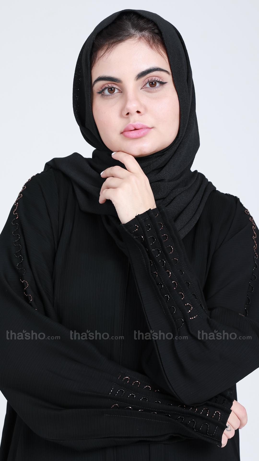 Black Abaya by Gulf Zoom with Handwork on Sleeve