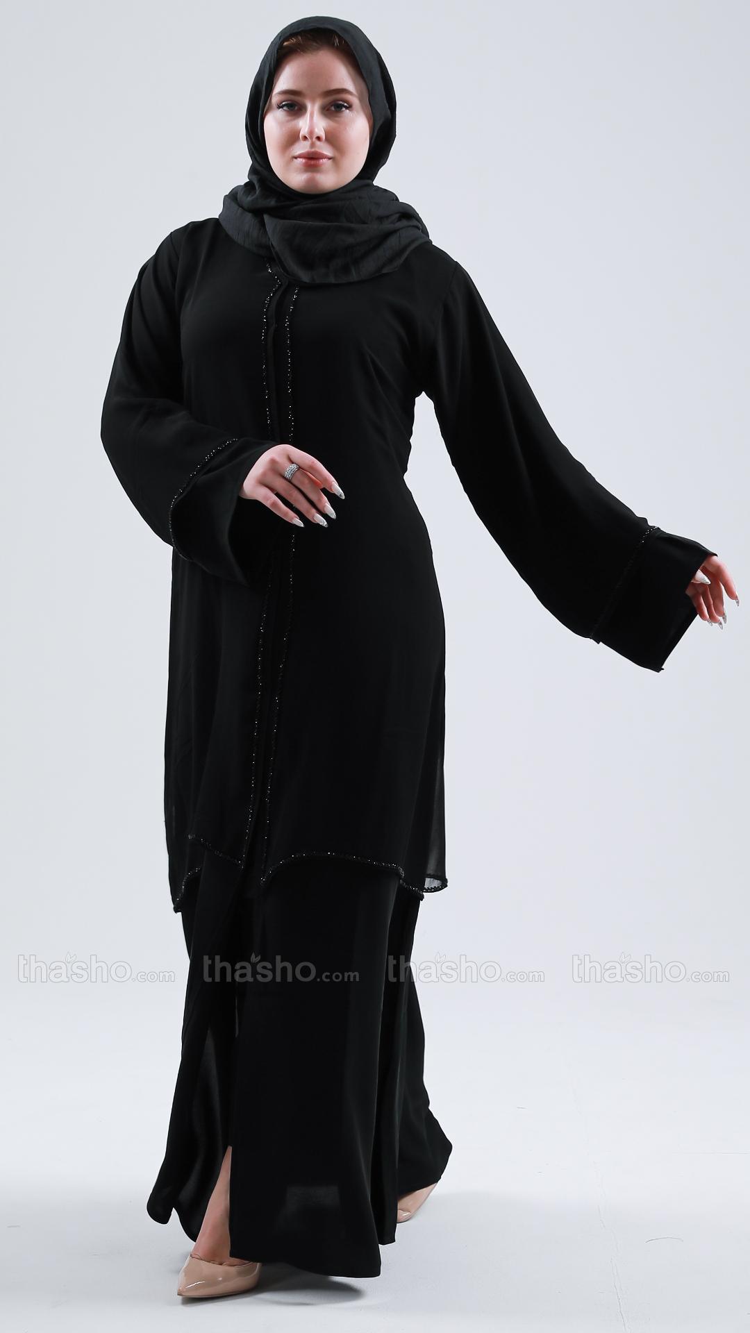 Black Front Open Abaya with Attached Shrug and Handwork.