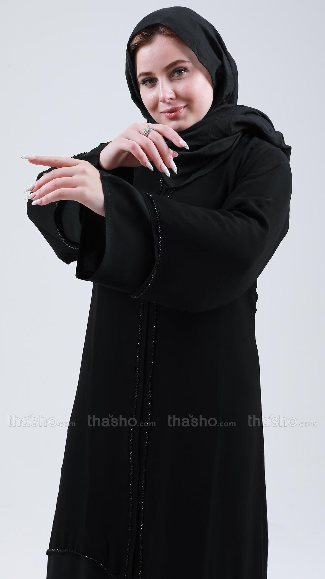 Black Front Open Abaya with Attached Shrug and Handwork.