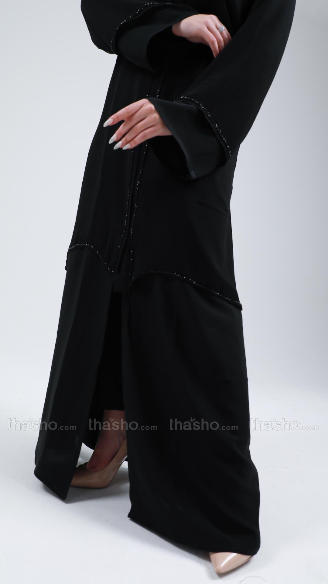 Black Front Open Abaya with Attached Shrug and Handwork.