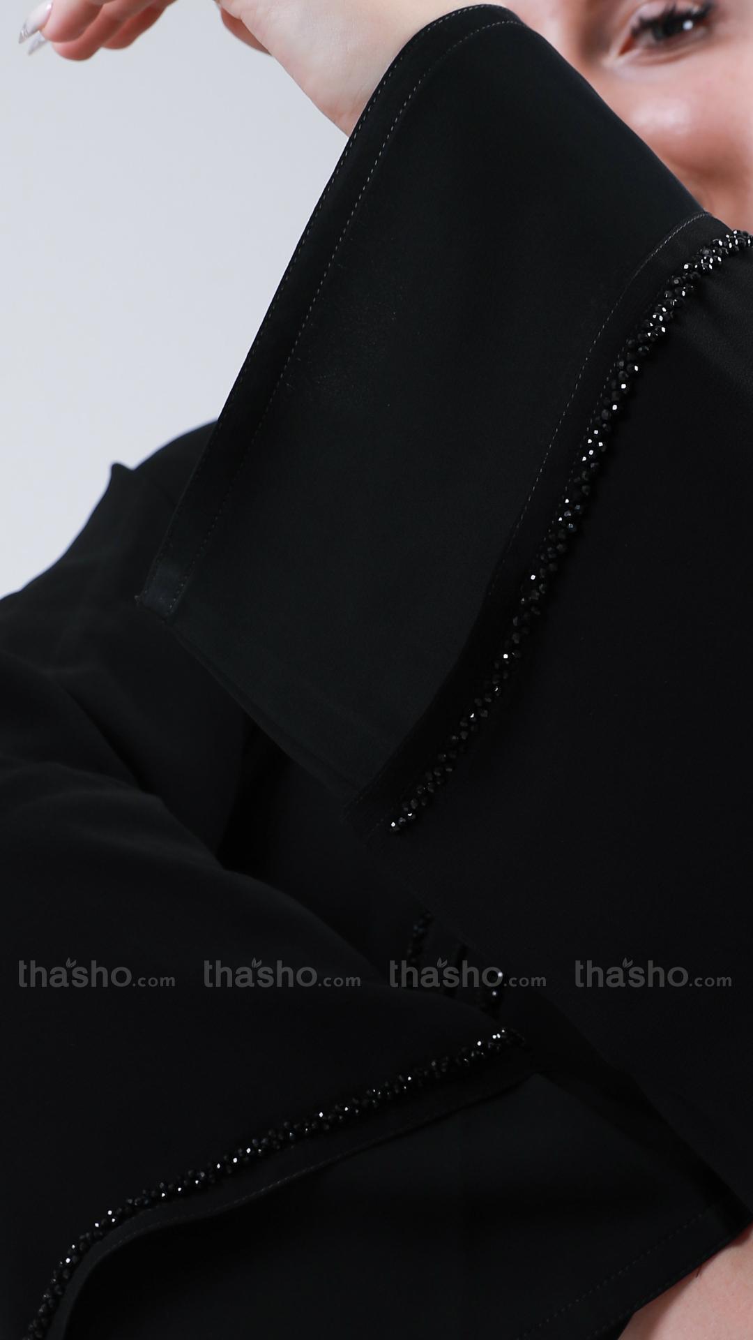 Black Front Open Abaya with Attached Shrug and Handwork.