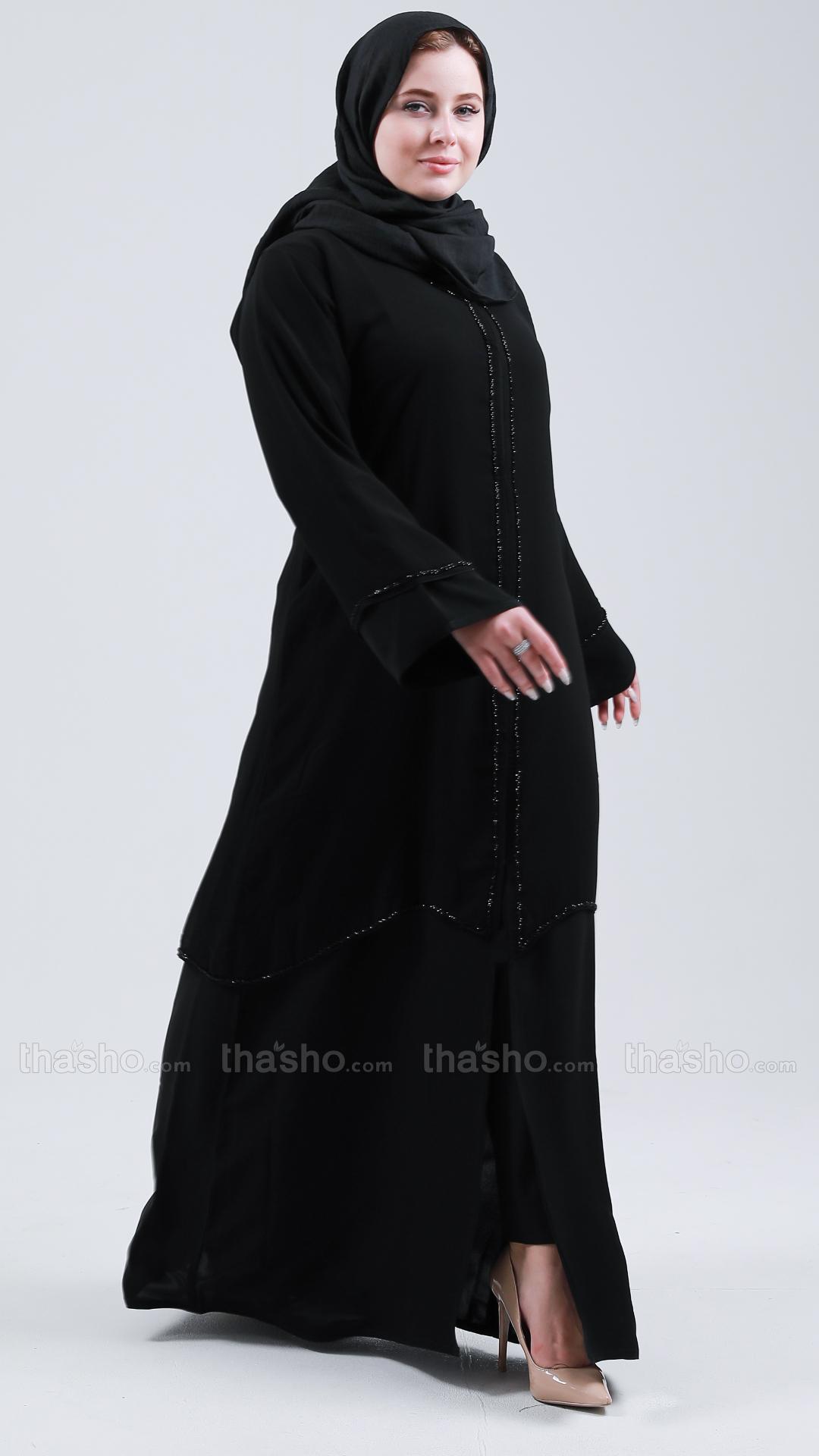 Black Front Open Abaya with Attached Shrug and Handwork.