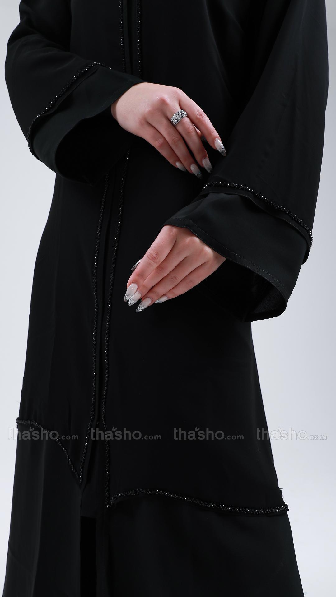 Black Front Open Abaya with Attached Shrug and Handwork.