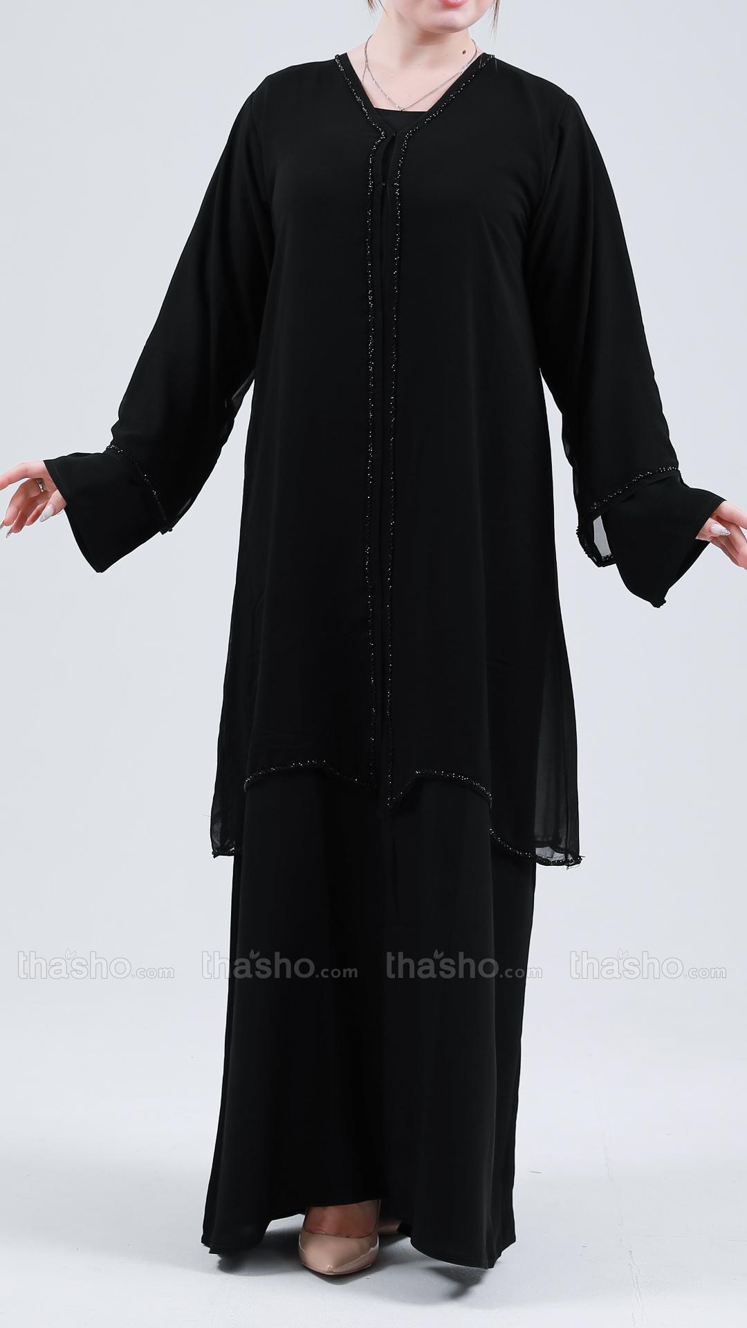 Black Front Open Abaya with Attached Shrug and Handwork.