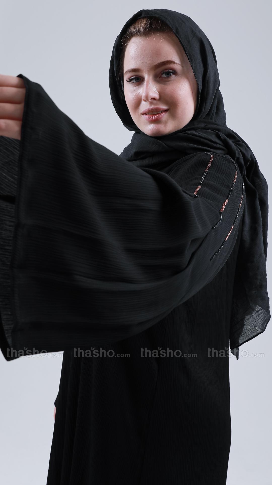 Black Abaya by Gulf Zoom with Simple Handwork on Sleeve