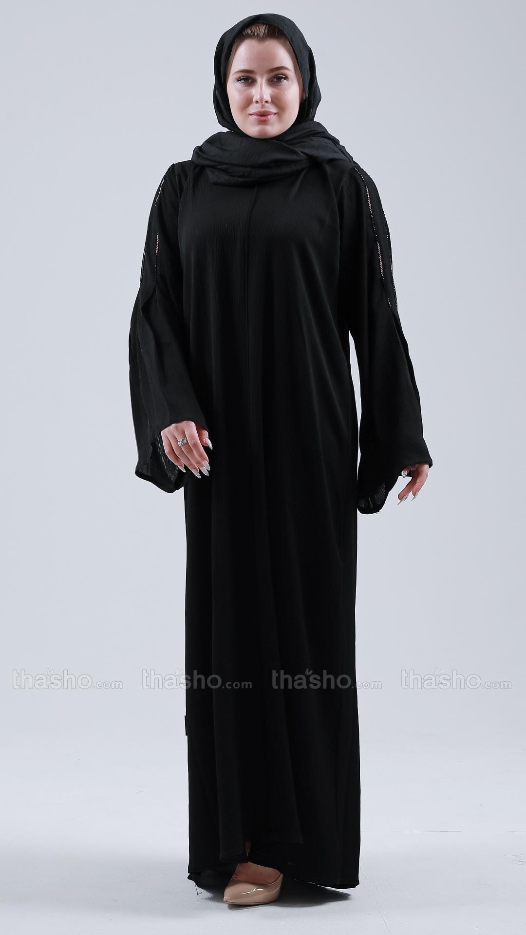 Black Abaya by Gulf Zoom with Simple Handwork on Sleeve