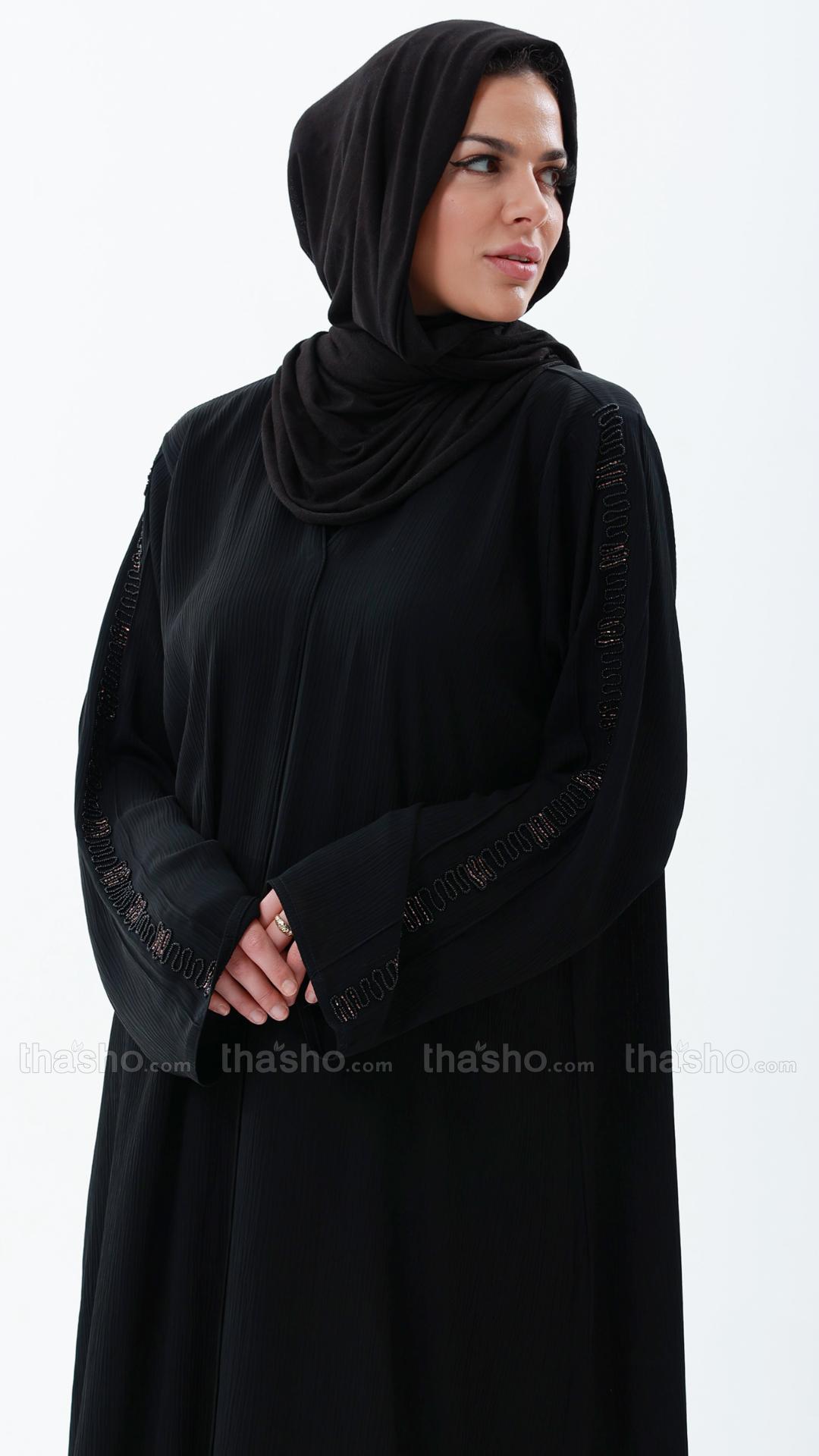 Black Abaya by Gulf Zoom with Handwork on Sleeve