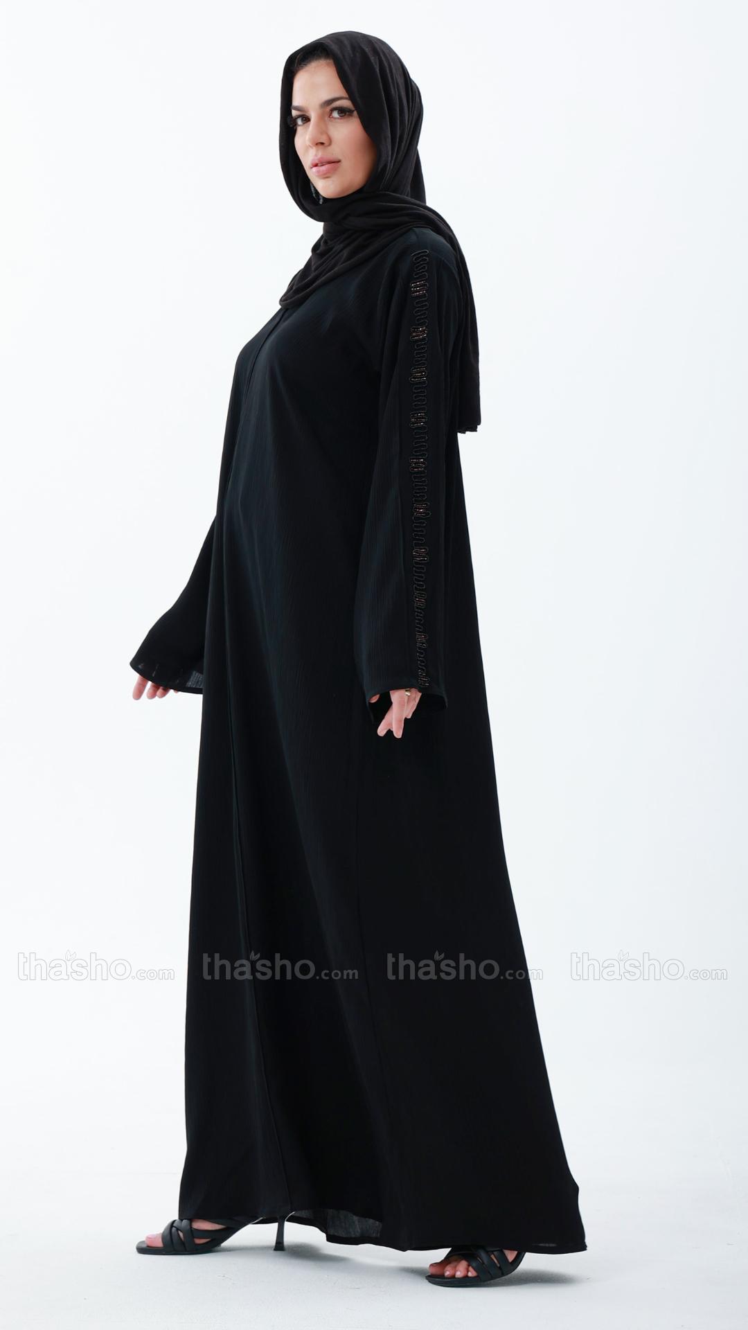 Black Abaya by Gulf Zoom with Handwork on Sleeve