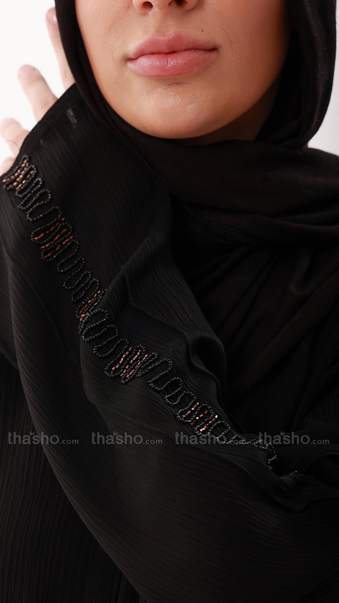 Black Abaya by Gulf Zoom with Handwork on Sleeve