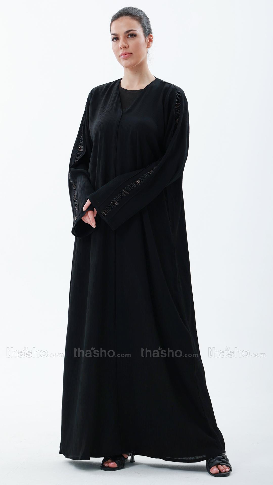 Black Abaya by Gulf Zoom with Handwork on Sleeve