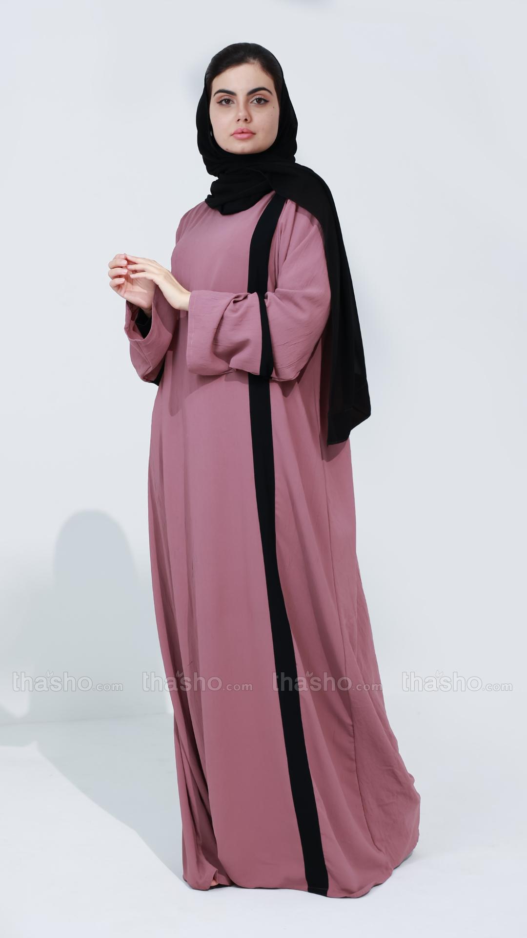 Black Abaya with Simple Puce Pink Abaya with Band on Front.