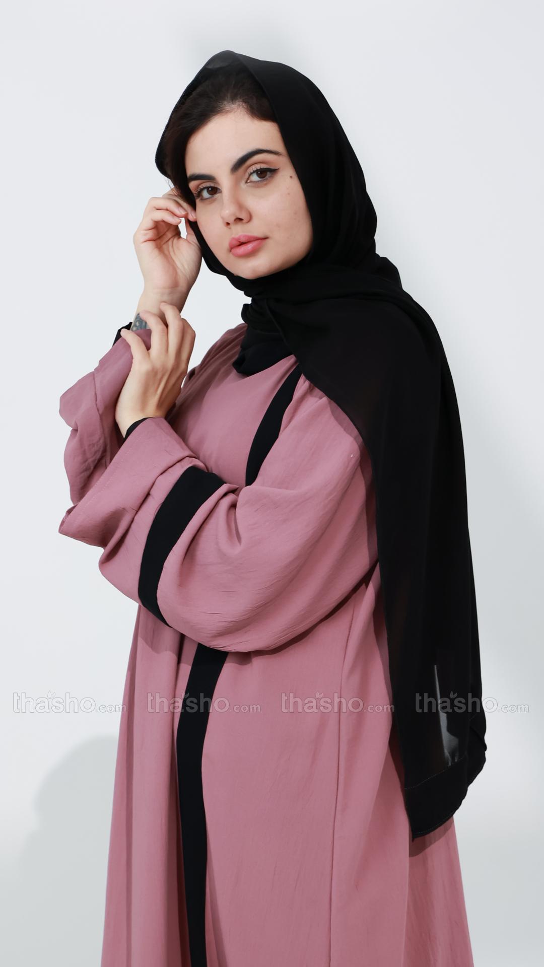 Black Abaya with Simple Puce Pink Abaya with Band on Front.