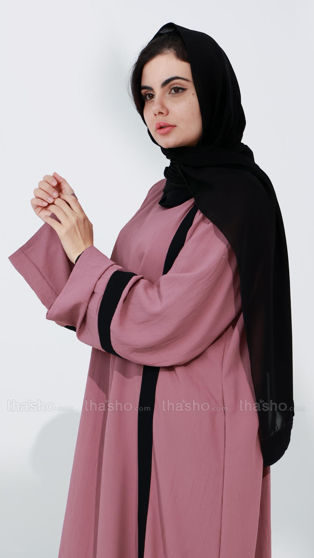 Black Abaya with Simple Puce Pink Abaya with Band on Front.