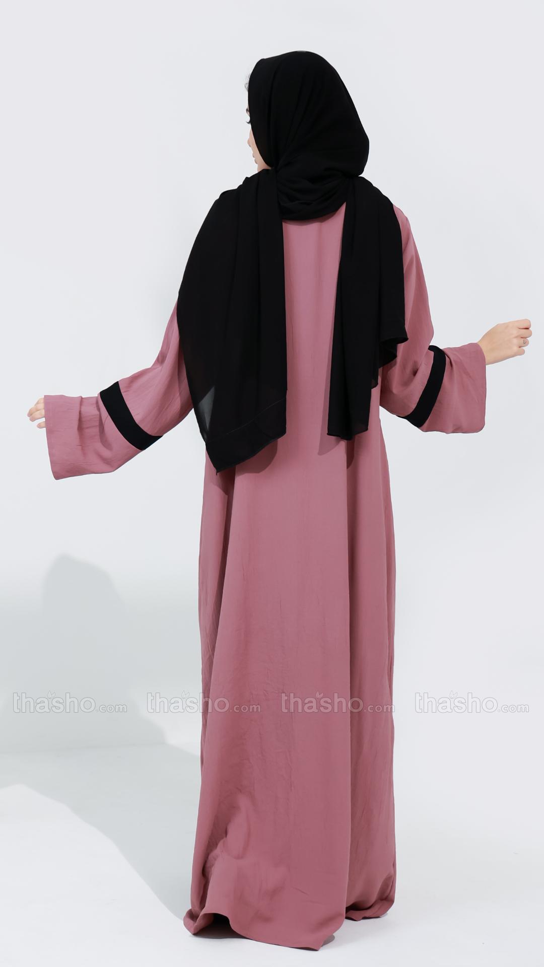 Black Abaya with Simple Puce Pink Abaya with Band on Front.